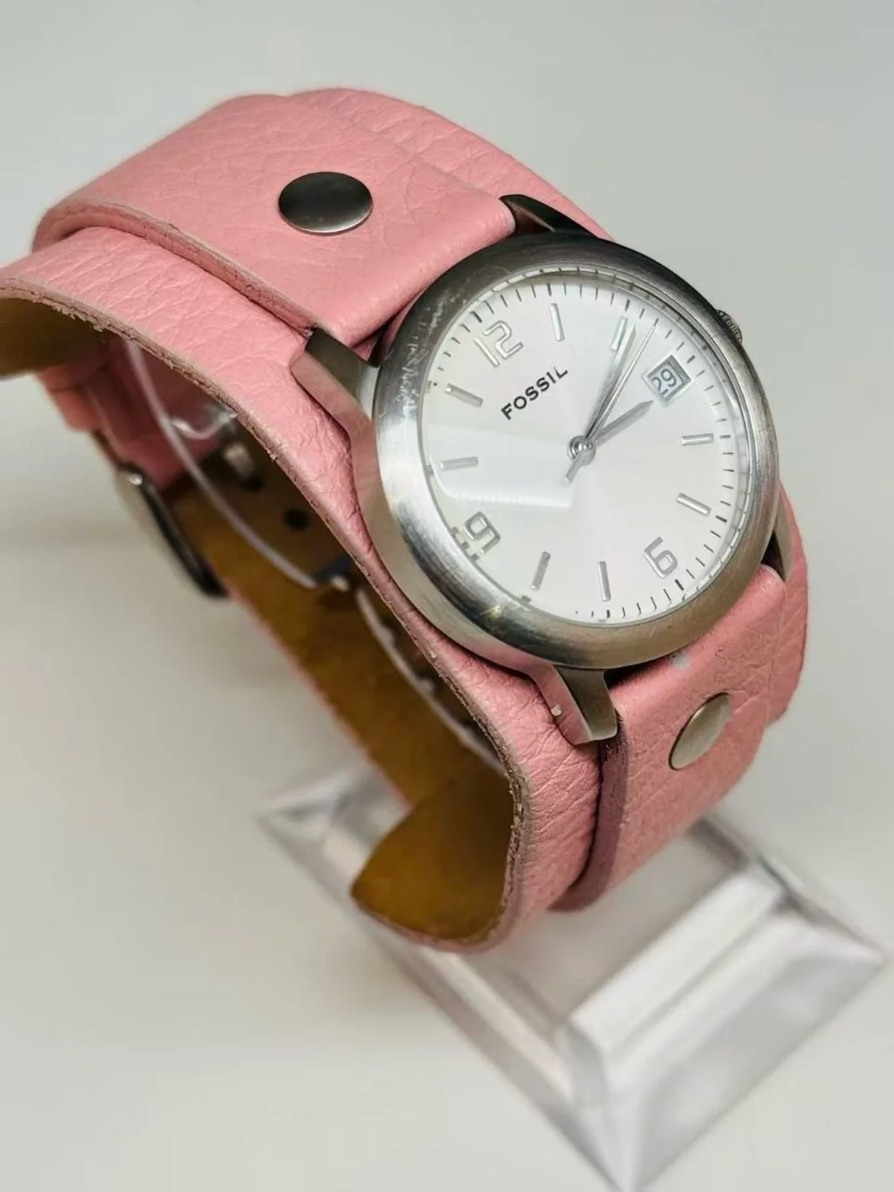 Fossil Women’s Watch Quartz Date Pink Leather Strap 31mm New Battery Runs